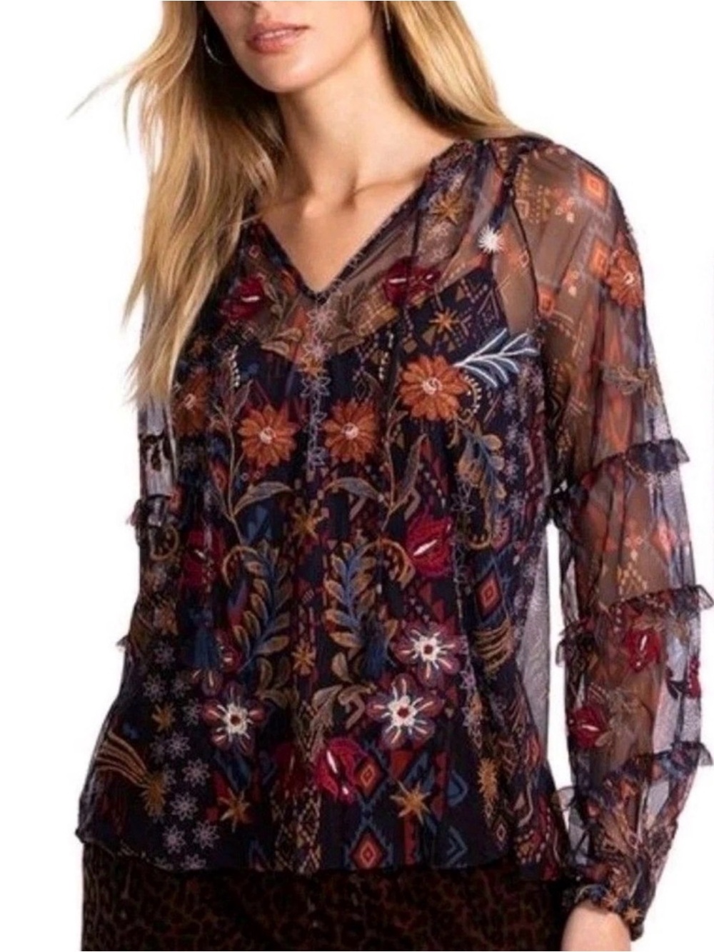 Johnny Was Sapphire Mesh Blouse Floral Ruffled Embroidered L NWT $275